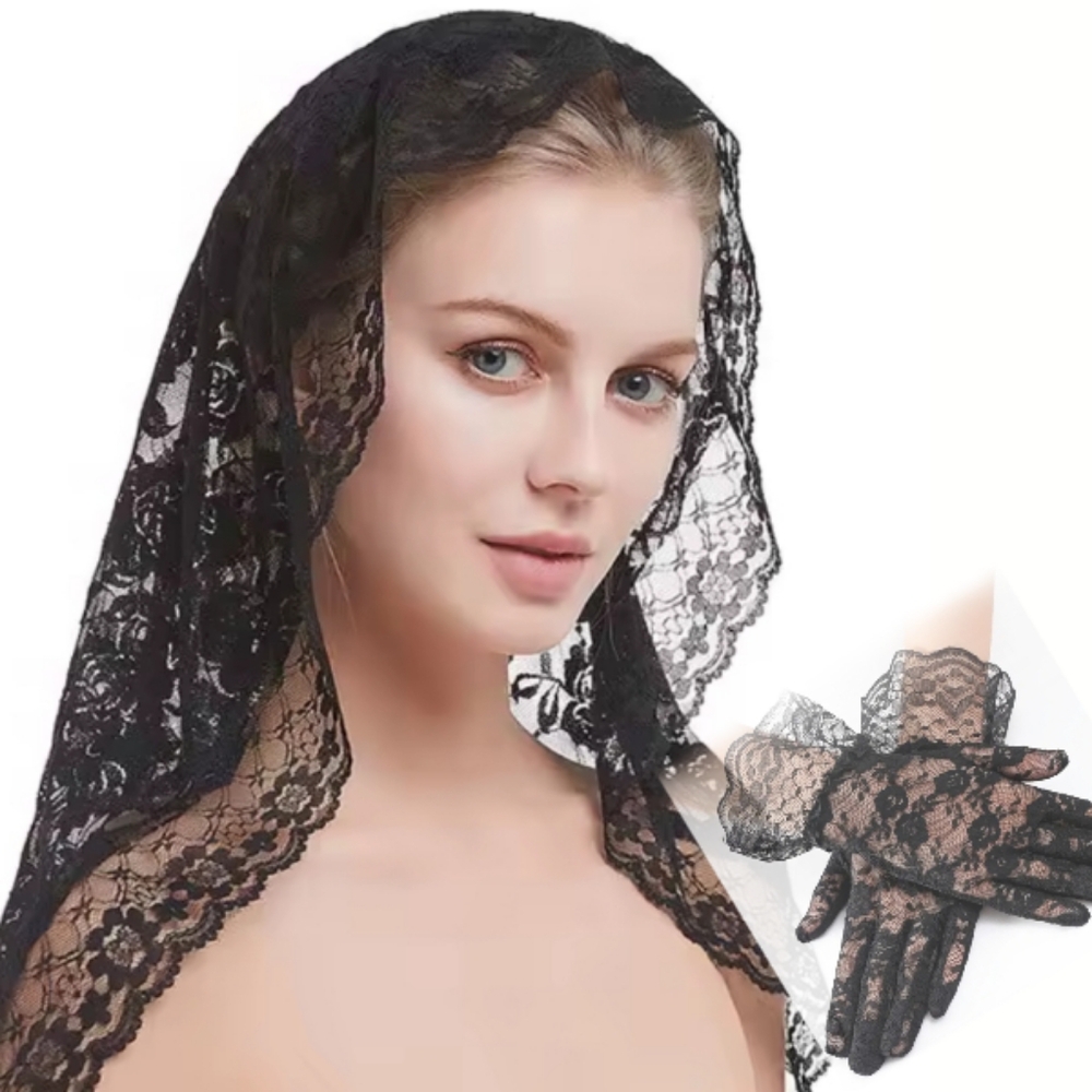 Beloved Millinery Black Lace Funeral Veil Glove Set Church Christening Baptism